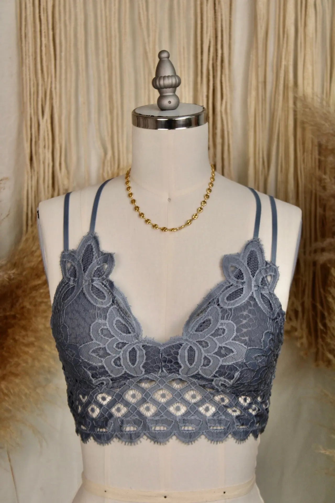 Crochet Lace Longline Bralette - Stone Blue