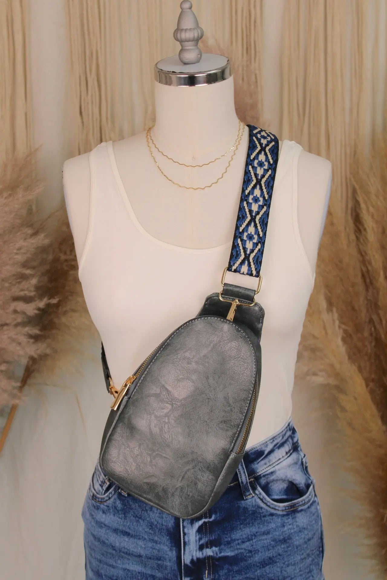 Faux Leather Guitar Strap Sling Bag - Blue Stone Joia