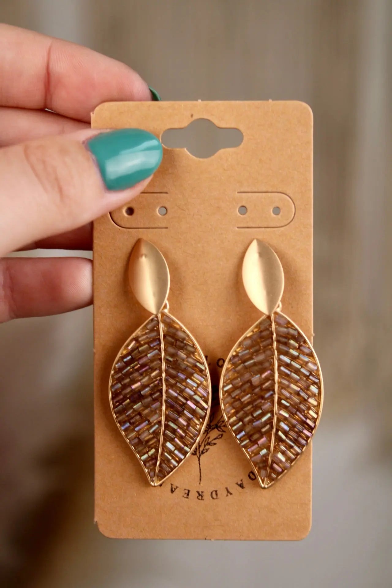 Gold Beaded Leaf Earrings - Mauve Joia
