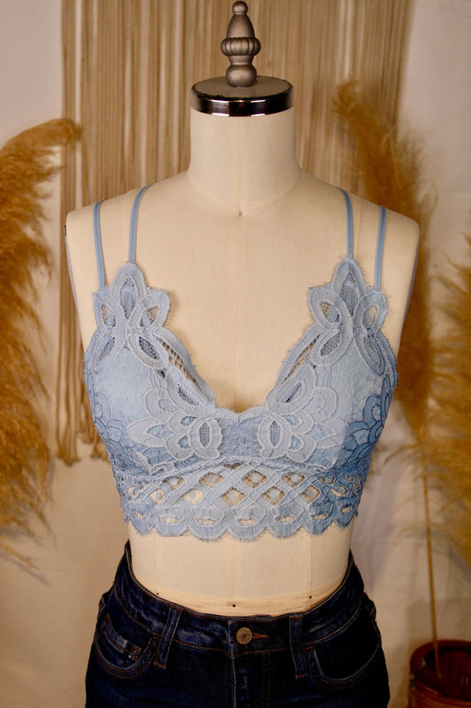 Crochet Lace Longline Bralette - Sky Blue Wildflower Daydreams